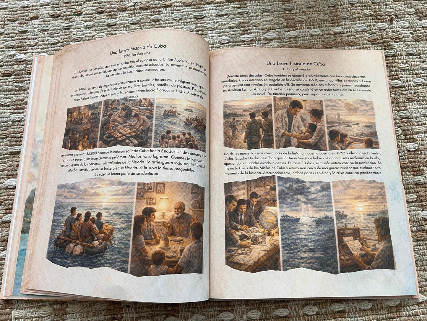 Open book with illustrations and text on a textured surface of history of Cuba micuba.co