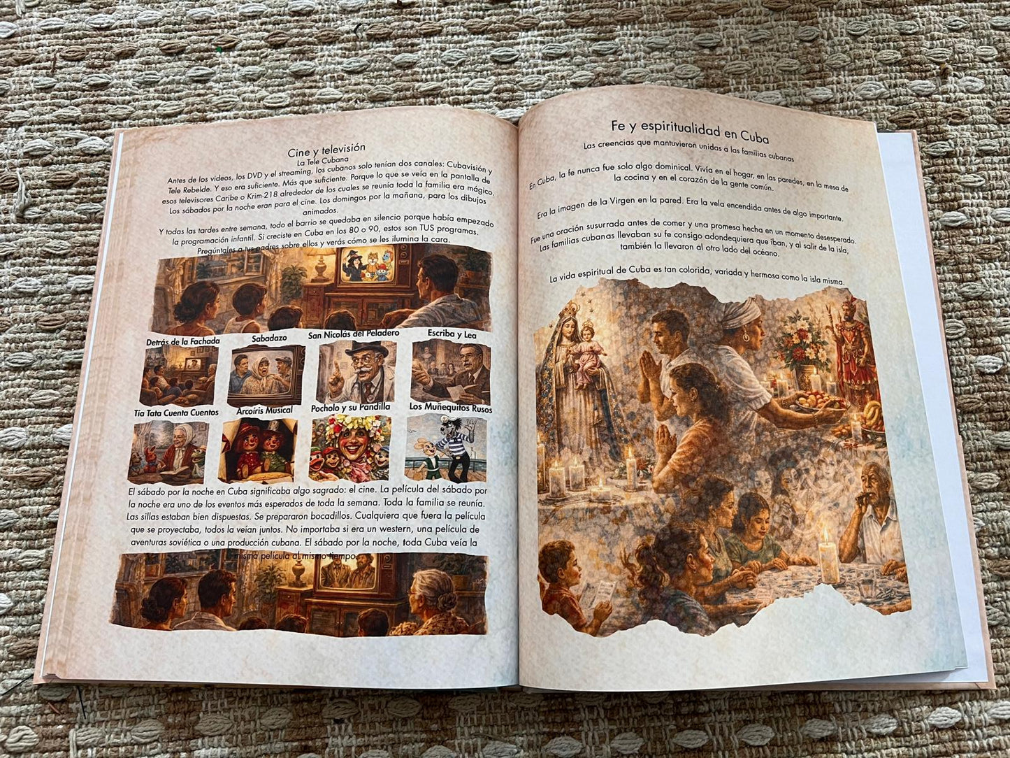 Open book with images of stone christians on a textured surface