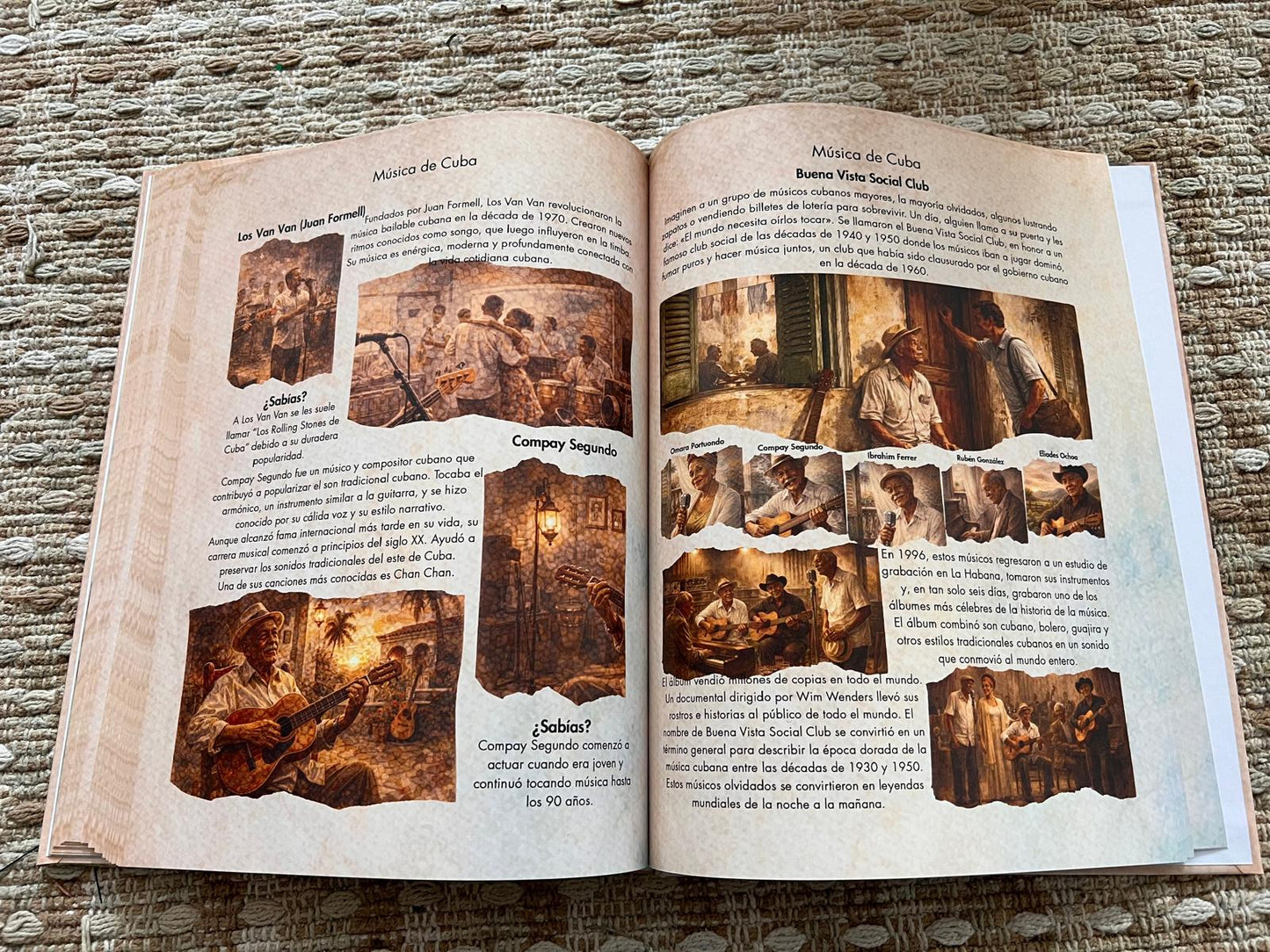 Open book with pages showing browned and damaged text on a textured surface Micuba.co