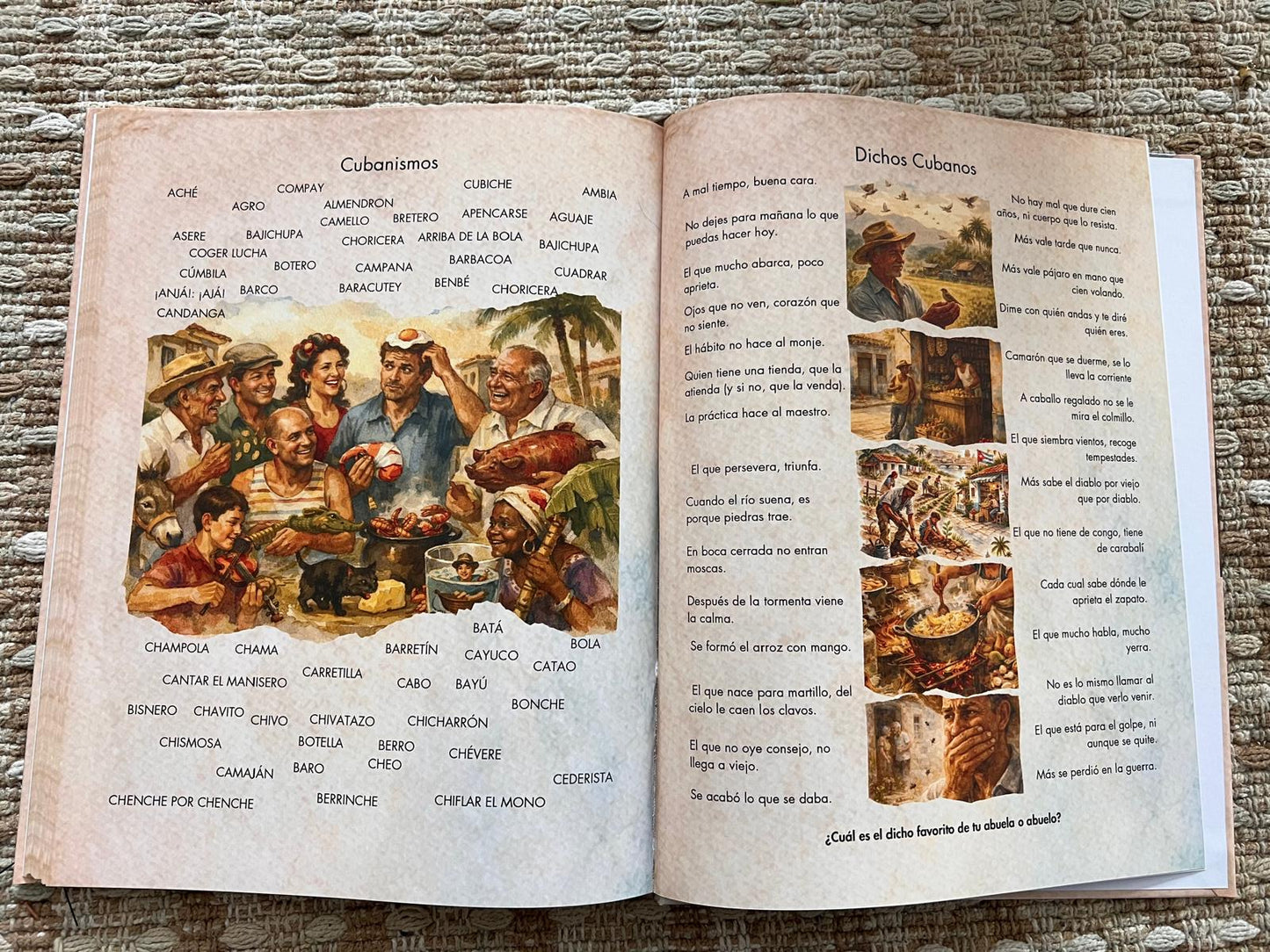 Open book with illustrations on a textured surface