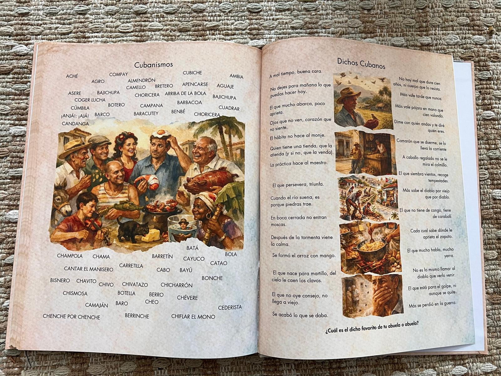 Open book with illustrations on a textured surface