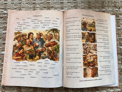 Open book with illustrations on a textured surface